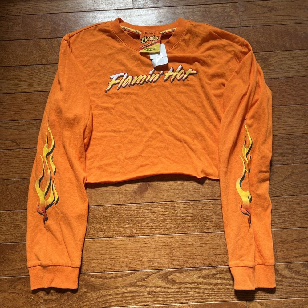 NWT Cheetos Flamin' Hot Orange Crop Top Long Sleeve Flame Sleeves Size L